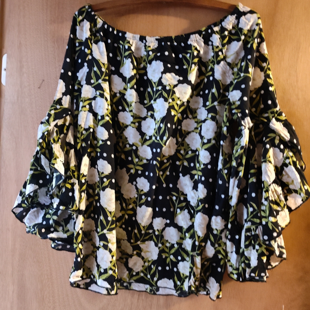 Fever Black Floral Blouse with Ruffle Sleeves